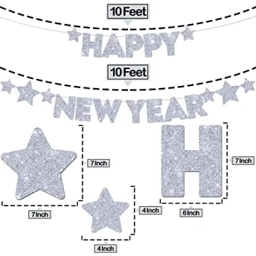 KatchOn Glitter Happy New Year Banner Silver - Pre-Strung, 10 Feet - No DIY | Happy New Year Sign for Happy New Years Decorations 2025 | New Years Eve Party Supplies 2025 Silver | NYE Decorations 2025