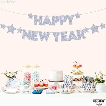 KatchOn Glitter Happy New Year Banner Silver - Pre-Strung, 10 Feet - No DIY | Happy New Year Sign for Happy New Years Decorations 2025 | New Years Eve Party Supplies 2025 Silver | NYE Decorations 2025