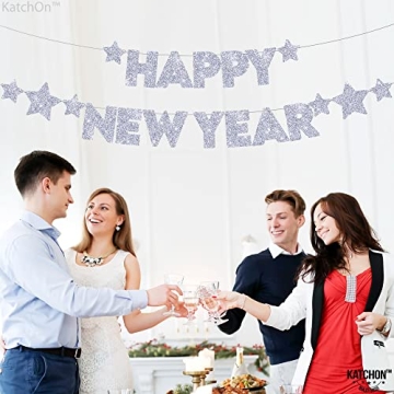 KatchOn Glitter Happy New Year Banner Silver - Pre-Strung, 10 Feet - No DIY | Happy New Year Sign for Happy New Years Decorations 2025 | New Years Eve Party Supplies 2025 Silver | NYE Decorations 2025