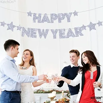 KatchOn Glitter Happy New Year Banner Silver - Pre-Strung, 10 Feet - No DIY | Happy New Year Sign for Happy New Years Decorations 2025 | New Years Eve Party Supplies 2025 Silver | NYE Decorations 2025