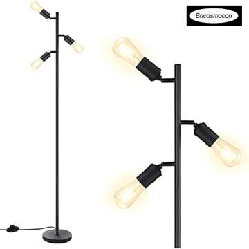 Bricosmocon Industrial Floor Lamp, Standing Lamp, Tree Floor Lamp with 3 Adjustable Rotating Lights, E26 Edison Bulb Floor Lamp for Living Room, Bedroom, Home, Office(Bulb not Included) (Black)