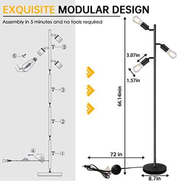 Bricosmocon Industrial Floor Lamp, Standing Lamp, Tree Floor Lamp with 3 Adjustable Rotating Lights, E26 Edison Bulb Floor Lamp for Living Room, Bedroom, Home, Office(Bulb not Included) (Black)