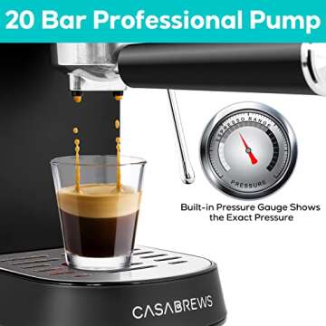 CASABREWS Espresso Machine 20 Bar, Stainless Steel Espresso Maker with Milk Frother Steam Wand, Compact Cappuccino Machine for Home, Espresso Coffee Machine with Removable Water Tank, Black