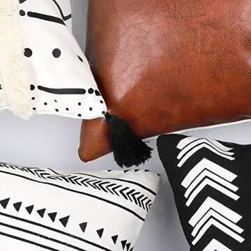 CDWERD 18x18 Inch Pillow Covers, Boho Pillow Covers Set of 4, Modern Farmhouse Neutral Decorative Pillowcases, Faux Leather and Linen Cushion Case