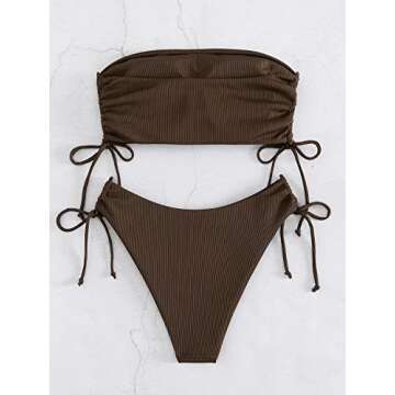 MakeMeChic Women's 2 Piece Bandeau Swimsuits Tie Side Ribbed Bikini Set Tankini Coffee Brown XS