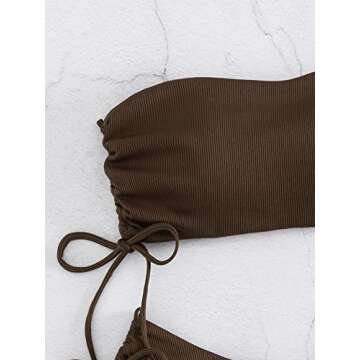 MakeMeChic Women's 2 Piece Bandeau Swimsuits Tie Side Ribbed Bikini Set Tankini Coffee Brown XS