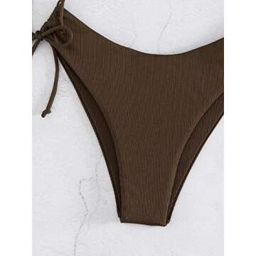 MakeMeChic Women's 2 Piece Bandeau Swimsuits Tie Side Ribbed Bikini Set Tankini Coffee Brown XS