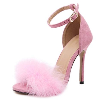 YIBLBOX Women's Feather Heels Open Toe Sandal Fluffy Fur High Heel Shoes Ankle Strap Stiletto Pump f...