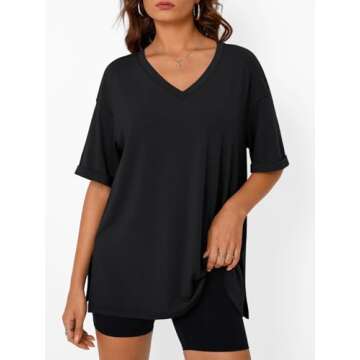 Trendy Queen Oversized T-shirts for Women Workout Plus Size Tops V Neck Short Sleeve Tunic Side Slit...
