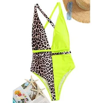 SweatyRocks Women's Sexy Bathing Suits Criss Cross Tie Knot Front Deep V Open Back Leopard One Piece Swimwear Leoprad Neon Small