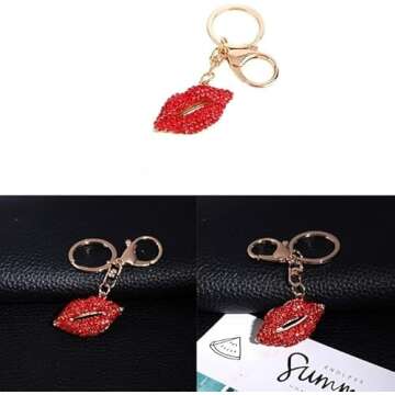Stylish Red Lips Rhinestone Keychain for Women