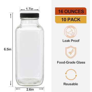 Encheng Glass Juice Bottles with Lids 16oz,Sqaure Juicing Bottles Reusable Glass Drinking Jars Set o...