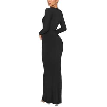 REORIA Women's Fall Sexy Casual Crew Neck Lounge Long Dress Formal Wedding Guest Long Sleeve Ribbed Bodycon Maxi Dresses Black Large