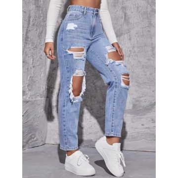 Stylish Floerns Women's High Waist Boyfriend Jeans in Light Blue
