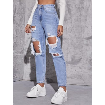 Stylish Floerns Women's High Waist Boyfriend Jeans in Light Blue