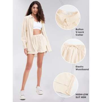 EXLURA Women's Summer 2 Piece Sets Long Sleeve Button Down Shirts Matching Short Sets Beach Vacation...
