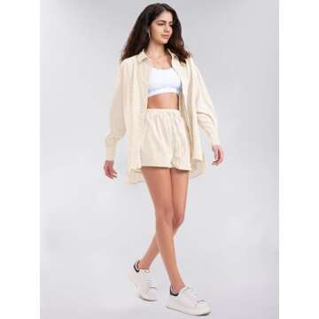 EXLURA Women's Summer 2 Piece Sets Long Sleeve Button Down Shirts Matching Short Sets Beach Vacation Cruise Outfits 2025