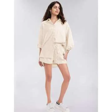 EXLURA Women's Summer 2 Piece Sets Long Sleeve Button Down Shirts Matching Short Sets Beach Vacation Cruise Outfits 2025