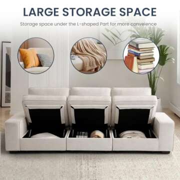 TEKAMON 100" Modular Sofa Couch with Seats Storage, Comfy 3-Seater Chenille Fabric Couch for Living Room, Office, Apart W/Deep Seat, Wide Arms, Side Pockets, USB, Upholstered Couch W/Removable Cover