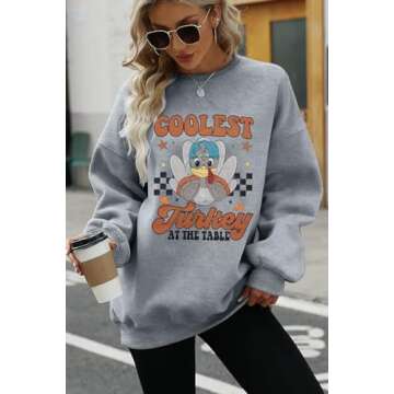FASHGL Thanksgiving Oversized Sweatshirt Women Coolest Turkey At The Table Shirt Casual Long Sleeve Pullover Tops Light Grey