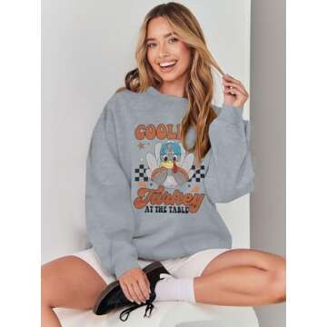 FASHGL Thanksgiving Oversized Sweatshirt Women Coolest Turkey At The Table Shirt Casual Long Sleeve Pullover Tops Light Grey