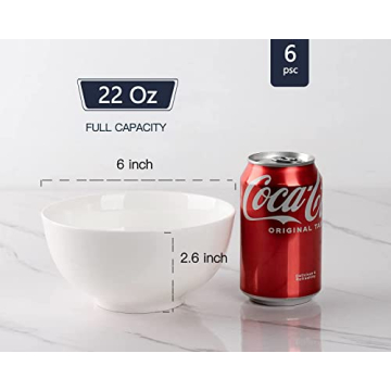 DELLING Ultra-Strong 22 Ounce Soup Bowls, Cereal Bowl, 6 inch Bowls Set, White Ceramic Bowls, White Bowls for Kitchen, Snack Rice Pasta Salad Oatmeal, Set of 6, Dishwasher & Microwave Safe