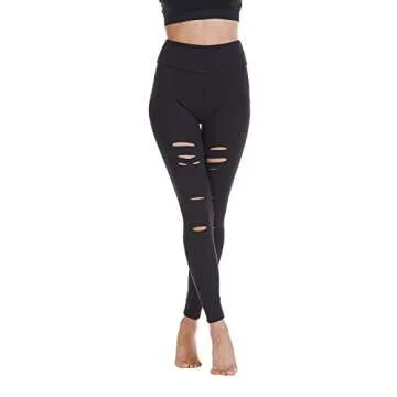 Baihetu Women's High Waist Yoga Pants Cutout Ripped Super Soft and Comfortable Skinny Leggings Black M