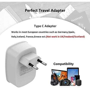 European Travel Plug Adapter 3 Pack, TESSAN International Power Adaptor 2 USB, Type C Outlet Charger USA to Most of Europe EU Spain Iceland Italy Germany France Israel