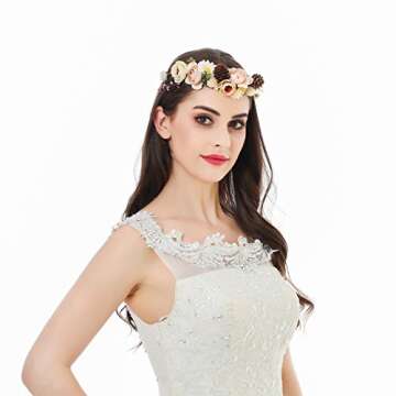 AWAYTR Bohemia Flower Crown Headband - Exquisite Pinecone Leaf Berry Flower Headband Flower Halo Wreath women (Light khaki+Light pink)