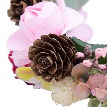 AWAYTR Bohemia Flower Crown Headband - Exquisite Pinecone Leaf Berry Flower Headband Flower Halo Wreath women (Light khaki+Light pink)