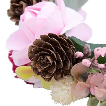 AWAYTR Bohemia Flower Crown Headband - Exquisite Pinecone Leaf Berry Flower Headband Flower Halo Wreath women (Light khaki+Light pink)