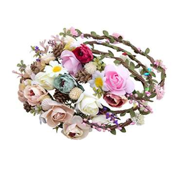 AWAYTR Bohemia Flower Crown Headband - Exquisite Pinecone Leaf Berry Flower Headband Flower Halo Wreath women (Light khaki+Light pink)