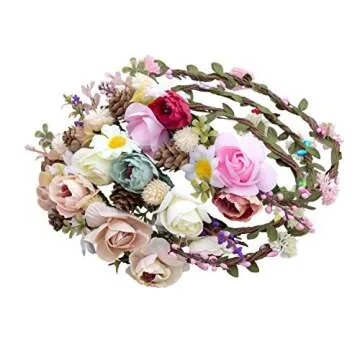 AWAYTR Bohemia Flower Crown Headband - Exquisite Pinecone Leaf Berry Flower Headband Flower Halo Wreath women (Light khaki+Light pink)