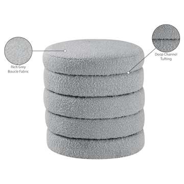 Meridian Furniture 153Grey Aphia Collection Modern | Contemporary Boucle Fabric Upholstered Ottoman with Deep Channel Tufting, Grey, Doubles as a Stool, 15" W x 15" D x 15" H, Grey