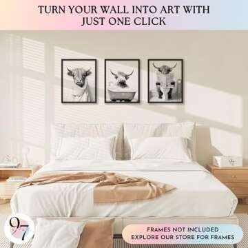 97 Decor Cow Pictures Wall Decor - 12x16 Highland Cow Bathroom Decor, Funny Highland Cow Wall Art Print, Black and White Cow in Bathtub Poster, Funny Animal Artwork for Bedroom (UNFRAMED)