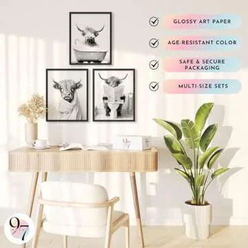 97 Decor Cow Pictures Wall Decor - 12x16 Highland Cow Bathroom Decor, Funny Highland Cow Wall Art Print, Black and White Cow in Bathtub Poster, Funny Animal Artwork for Bedroom (UNFRAMED)