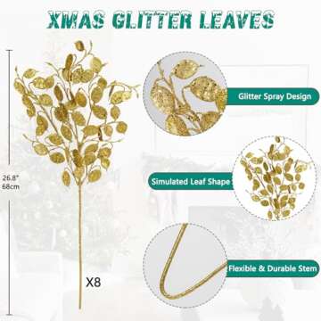Oairse 8 Pcs Gold Glitter Christmas Tree Picks & Sprays, 26.8" Glitter Eucalyptus Leaves Stems for C...