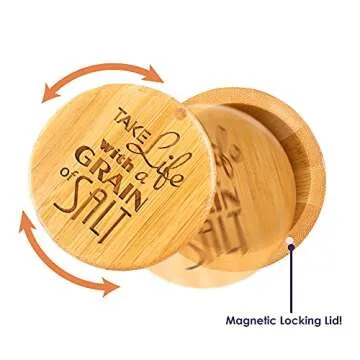 Totally Bamboo Salt Cellar Bamboo Storage Box with Magnetic Swivel Lid, 6 Ounce Capacity, "Take Life with a Grain of Salt" Engraved on Lid