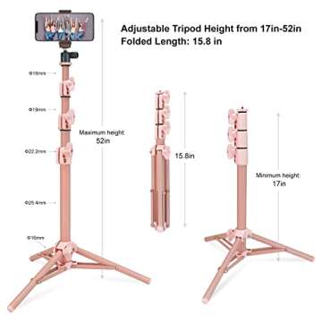 Selfie Stick & Tripod LINCO, Integrated, Heavy Duty, Lightweight, Bluetooth Remote for Apple & Android Devices, Separable Tripod Feet, Extends to 50" (Pink)