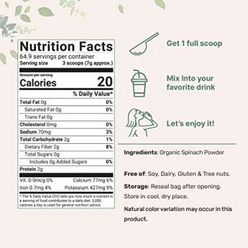 Micro Ingredients Organic Spinach Powder - Nutrient-Rich Superfood, Non-GMO, 1 Pound