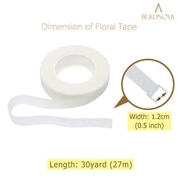 BEADNOVA Floral Tape 1/2inch Flower Tape White Floral Tape for Bouquets Floral Arranging Stem Wrap C...