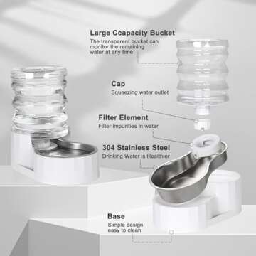 RIZZARI Automatic 5L Pet Waterer, Gravity Stainless Steel Water Dispenser, 100% BPA-Free, Large Capacity Water Feeder for Cats and Small and Medium-Sized Dogs（White,5L）