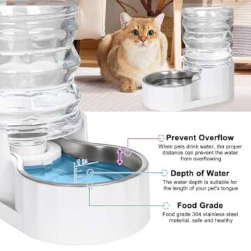 RIZZARI Automatic 5L Pet Waterer, Gravity Stainless Steel Water Dispenser, 100% BPA-Free, Large Capacity Water Feeder for Cats and Small and Medium-Sized Dogs（White,5L）