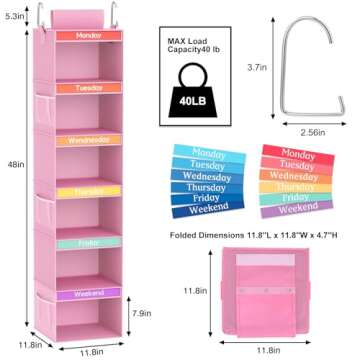 Fixwal 6-Shelf Weekly Clothes Organizer for Kids, Kids Daily Shelf Hanging Closet Organizer with 6 S...