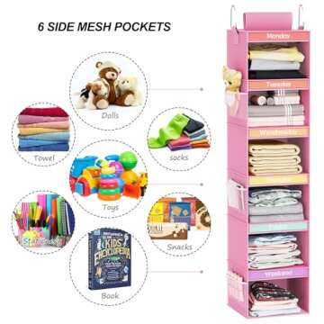 Fixwal 6-Shelf Weekly Clothes Organizer for Kids, Kids Daily Shelf Hanging Closet Organizer with 6 Side Pockets, Days of The Week Hanging Storage Shelves (Pink)