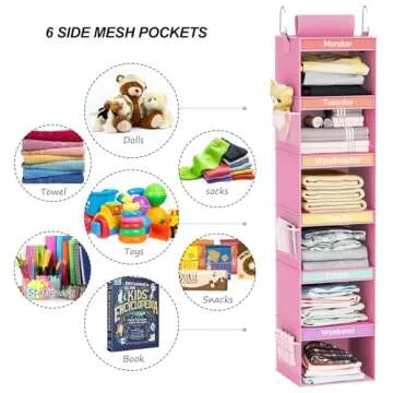 Fixwal 6-Shelf Weekly Clothes Organizer for Kids, Kids Daily Shelf Hanging Closet Organizer with 6 Side Pockets, Days of The Week Hanging Storage Shelves (Pink)
