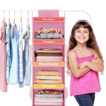 Fixwal 6-Shelf Weekly Clothes Organizer for Kids, Kids Daily Shelf Hanging Closet Organizer with 6 Side Pockets, Days of The Week Hanging Storage Shelves (Pink)
