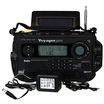 Kaito Voyager Pro KA600 Digital Solar Dynamo Hand Crank AM/FM/LW/SW & NOAA Weather Emergency Radio with Flashlight, Reading Lamp,Smart Phone Charger & RDS and Real-Time Alert, with AC Adapter, Black