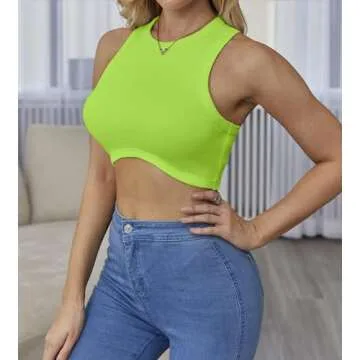 Dwnval Sexy Sleeveless Crewneck Ribbed Knitted Tank Crop Tops for Women(Neon Green,M)