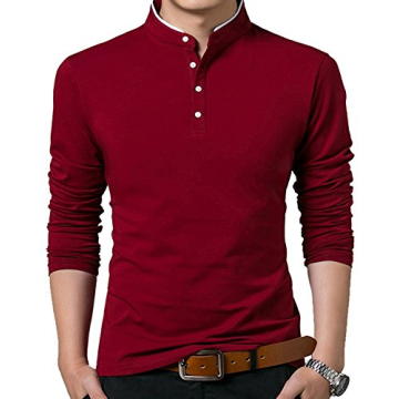 Men's Slim Fit Long Sleeve Polo Shirt Wine Red Cotton Spandex